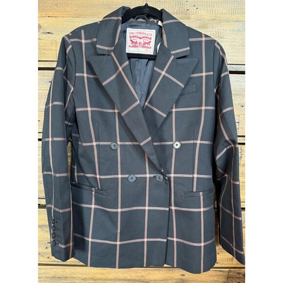 Levi Strauss Blazer Women's Medium Black Tan Windowpane Wool Blend Button Jacket - Picture 1 of 9